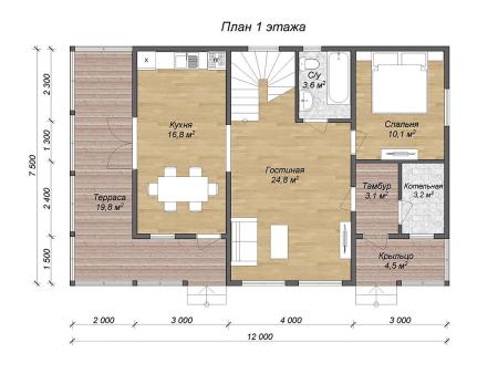 Проект дома КД-10, площадь дома 132 кв.м., террасс 24 кв.м., 4 спальни (поэтажный план №1)