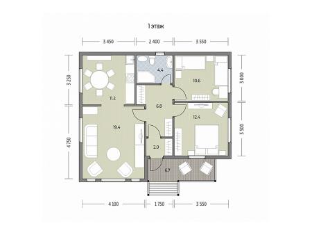 Проект дома КД-11, площадь дома 73 кв.м., террасс 7 кв.м., 2 спальни (поэтажный план №1)