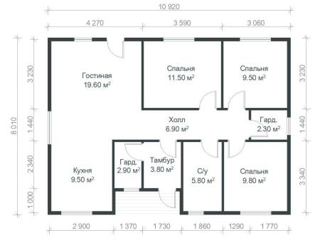 Проект дома КД-12, площадь дома 88 кв.м., террасс 0 кв.м., 3 спальни (поэтажный план №1)