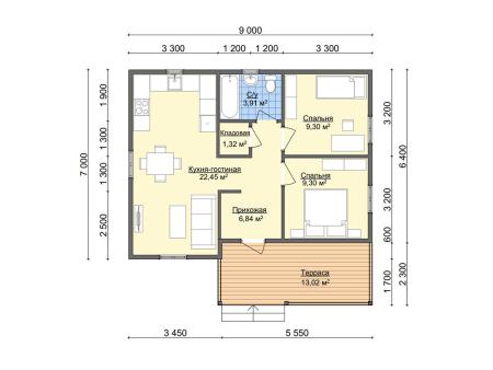 Проект дома КД-13, площадь дома 60 кв.м., террасс 13 кв.м., 2 спальни (поэтажный план №1)