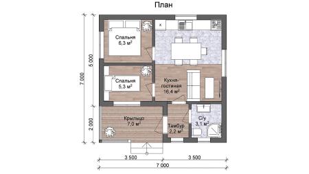 Проект дома КД-14, площадь дома 42 кв.м., террасс 7 кв.м., 2 спальни (поэтажный план №1)