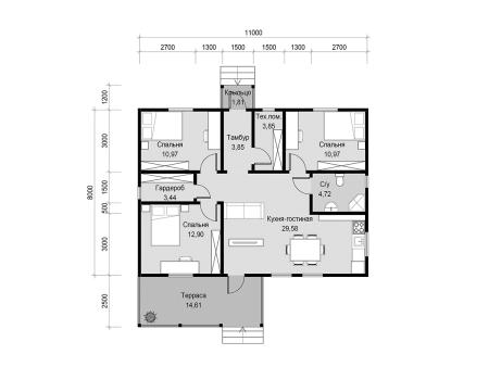 Проект дома КД-15, площадь дома 88 кв.м., террасс 15 кв.м., 3 спальни (поэтажный план №1)