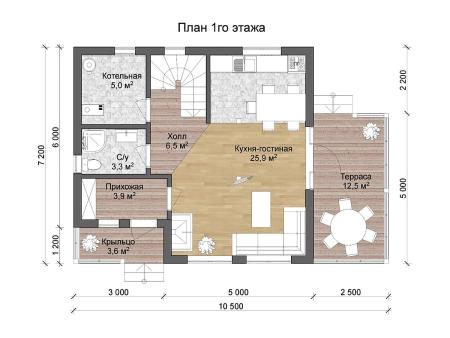Проект дома КД-16, площадь дома 108 кв.м., террасс 17 кв.м., 3 спальни (поэтажный план №1)