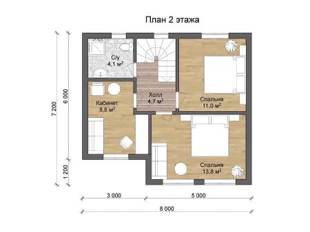 Проект дома КД-16, площадь дома 108 кв.м., террасс 17 кв.м., 3 спальни (поэтажный план №2)