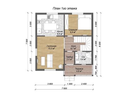 Проект дома КД-17, площадь дома 108 кв.м., террасс 5 кв.м., 4 спальни (поэтажный план №1)