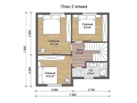 Проект дома КД-17, площадь дома 108 кв.м., террасс 5 кв.м., 4 спальни (поэтажный план №2)