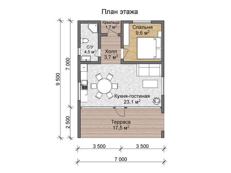 Проект дома КД-2, площадь дома 49 кв.м., террасс 17 кв.м., 1 спальни (поэтажный план №1)