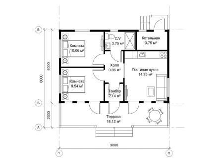 Проект дома КД-21, площадь дома 54 кв.м., террасс 18 кв.м., 2 спальни (поэтажный план №1)