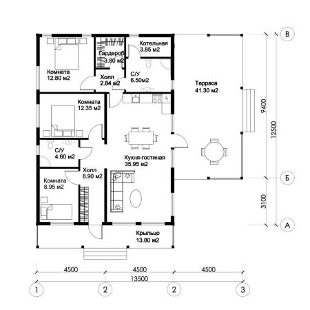 Проект дома КД-22, площадь дома 113 кв.м., террасс 55 кв.м., 3 спальни (поэтажный план №1)