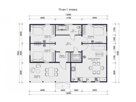 Проект дома КД-23, площадь дома 89 кв.м., террасс 19 кв.м., 3 спальни (поэтажный план №1)