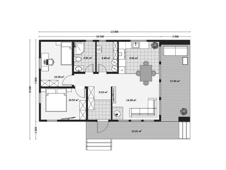 Проект дома КД-27, площадь дома 74 кв.м., террасс 30 кв.м., 2 спальни (поэтажный план №1)