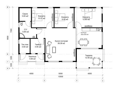 Проект дома КД-28, площадь дома 106 кв.м., террасс 17 кв.м., 3 спальни (поэтажный план №1)