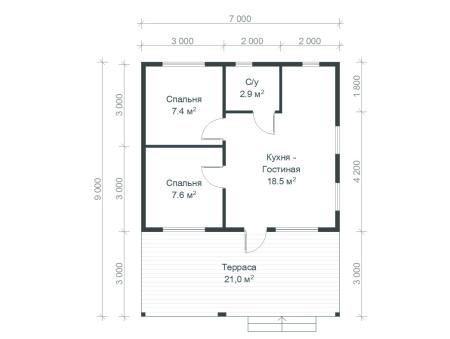 Проект дома КД-4, площадь дома 42 кв.м., террасс 21 кв.м., 2 спальни (поэтажный план №1)