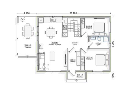 Проект дома КД-6, площадь дома 147 кв.м., террасс 16 кв.м., 4 спальни (поэтажный план №2)