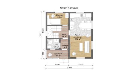 Проект дома КД-8, площадь дома 81 кв.м., террасс 9 кв.м., 3 спальни (поэтажный план №1)