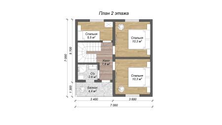 Проект дома КД-8, площадь дома 81 кв.м., террасс 9 кв.м., 3 спальни (поэтажный план №2)