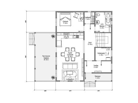 Проект дома КД-9, площадь дома 152 кв.м., террасс 8 кв.м., 3 спальни (поэтажный план №1)