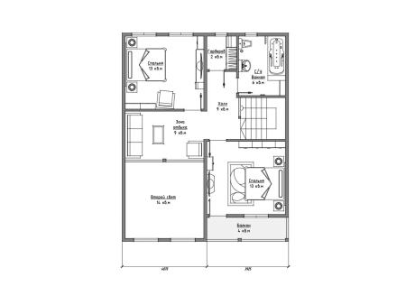 Проект дома КД-9, площадь дома 152 кв.м., террасс 8 кв.м., 3 спальни (поэтажный план №2)