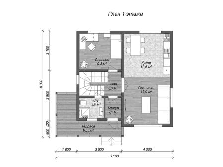 Проект дома КД-30, площадь дома 109 кв.м., террасс 10 кв.м., 4 спальни (поэтажный план №1)