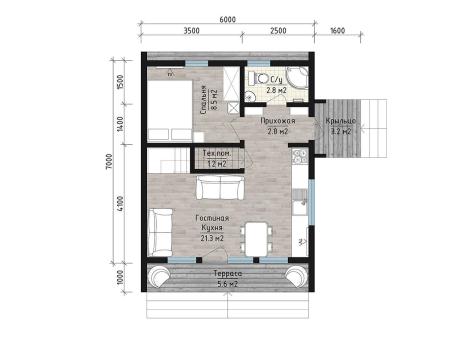 Проект дома КД-31, площадь дома 84 кв.м., террасс 9 кв.м., 2 спальни (поэтажный план №1)