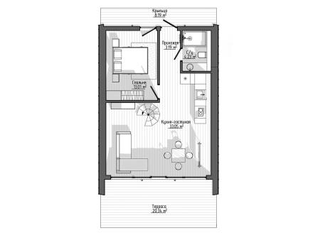 Проект дома КД-32, площадь дома 54 кв.м., террасс 28 кв.м., 2 спальни (поэтажный план №1)