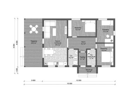 Проект дома КД-34, площадь дома 96 кв.м., террасс 27 кв.м., 3 спальни (поэтажный план №1)